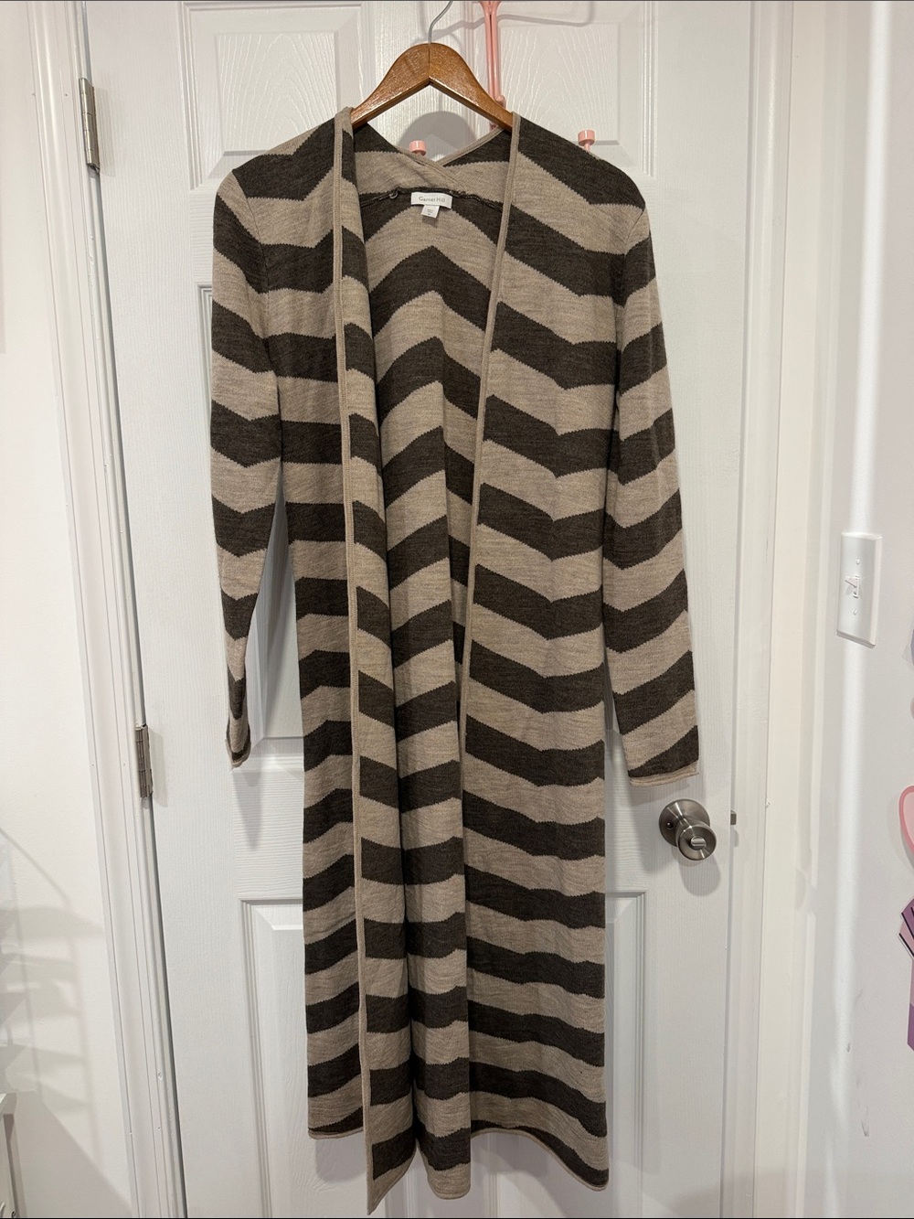 Garnet Hill Open-Front Chevron Stripe Long Duster Cardigan Sweater